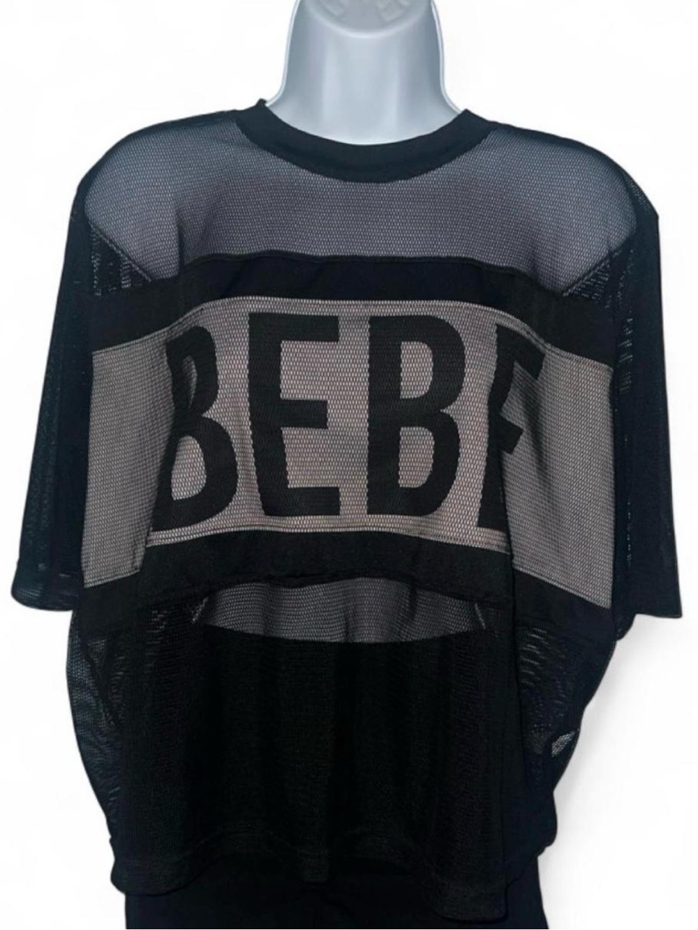 Bebe Black Mesh Logo Boxy Short Sleeve Top size L